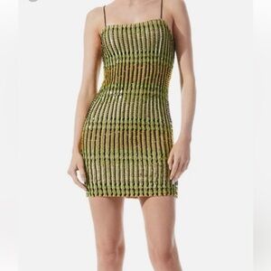 Alice + Olivia Gold, Green and Black Striped Mini Dress